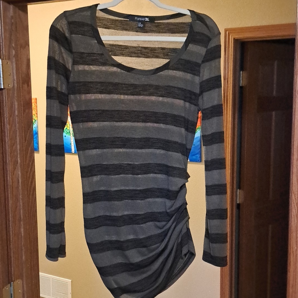 Forever 21 Black and Olive Striped Long-Sleeve Scoop Neck Top